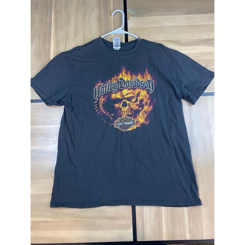 Harley Davidson Mens XL T-Shirt Flaming Skull Killer Creek Roswell‎ GA Black Tee